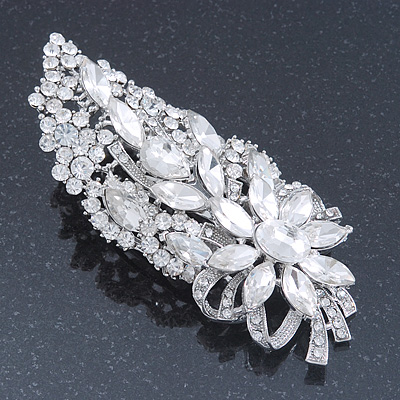 Bridal/ Wedding/ Prom/ Party Rhodium Plated Clear Swarovski Sculptured Leaf Crystal Hair Comb - 11.5cm - main view