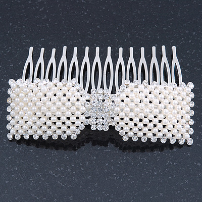 Bridal/ Wedding/ Prom/ Party Rhodium Plated Clear Crystal, Simulated Pearl 'Bow' Hair Comb - 90mm - main view