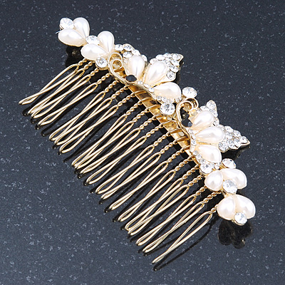 Bridal/ Wedding/ Prom/ Party Gold Plated Clear Crystal Simulated Pearl Double Butterfly Hair Comb - 95mm - main view