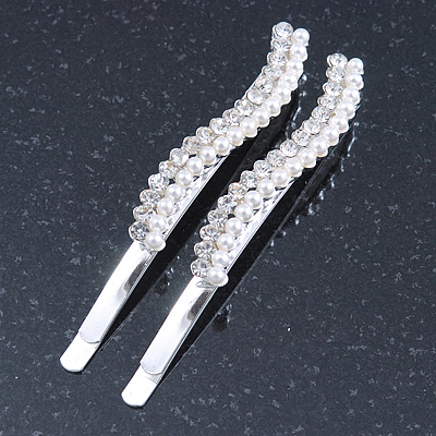 2 Bridal/ Prom Crystal, Simulated Pearl Wavy Hair Grips/ Slides In Rhodium Plating - 60mm Across - main view