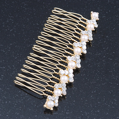 Bridal/ Wedding/ Prom/ Party Gold Plated Clear Crystal, Simulated Pearl Hair Comb - 95mm
