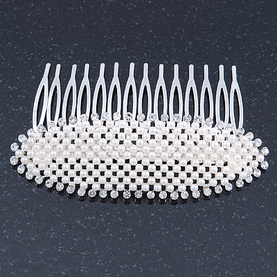 Bridal/ Wedding/ Prom/ Party Rhodium Plated Clear Austrian Crystal, Light Cream Simulated Pearl 'Oval' Hair Comb - 90mm - main view