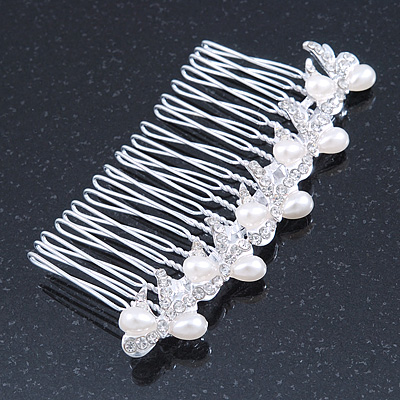 Bridal/ Wedding/ Prom/ Party Rhodium Plated Clear Austrian Crystal, Light Cream Simulated Pearl Bow Hair Comb - 90mm - main view