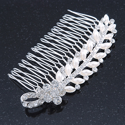 Bridal/ Wedding/ Prom/ Party Rhodium Plated Crystal Flower And Simulated Pearl Leaf Hair Comb - 95mm - main view