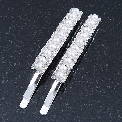 2 Bridal/ Prom Wide Crystal, Simulated Pearl Hair Grips/ Slides In Rhodium Plating - 60mm Across - main view