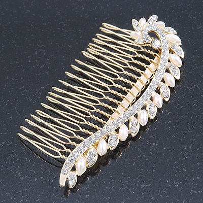 Bridal/ Wedding/ Prom/ Party Gold Plated Clear Crystal, Simulated Pearl Leaf Hair Comb - 95mm - main view