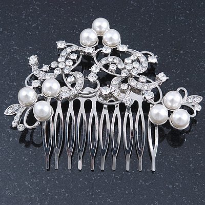 Bridal/ Wedding/ Prom/ Party Rhodium Plated Clear Crystal, White Simulated Glass Pearl Asymmetrical Hair Comb - 95mm - main view