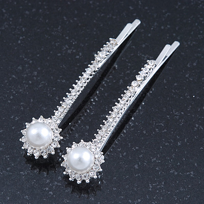 2 Bridal/ Prom Crystal, Simulated Pearl 'Daisy Flower' Hair Grips/ Slides In Rhodium Plating - 60mm Across - main view