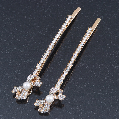 2 Bridal/ Prom Long Crystal, Simulated Pearl 'Bow' Hair Grips/ Slides In Gold Plating - 85mm Across - main view
