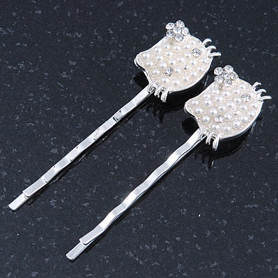 2 Teen Simulated Pearl, Crystal 'Kitty' Hair Grips/ Slides In Rhodium Plating - 55mm Across - main view