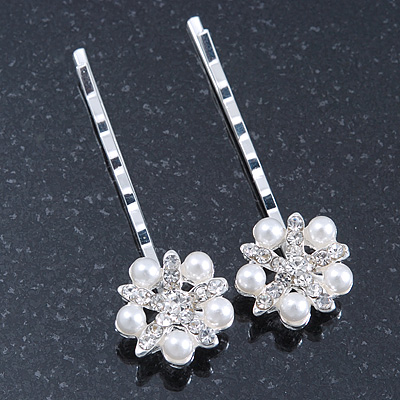 2 Bridal/ Prom Crystal, Simulated Pearl 'Flower' Hair Grips/ Slides In Rhodium Plating - 55mm Across - main view