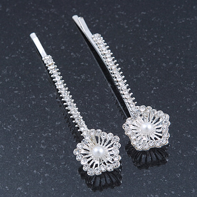 2 Bridal/ Prom Crystal, Simulated Pearl 'Filigree Flower' Hair Grips/ Slides In Rhodium Plating - 55mm Across - main view