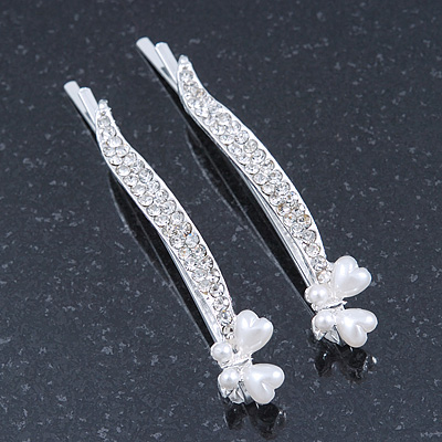 2 Bridal/ Prom 'Crystal Leaf And Simulated Pearl Butterfly' Hair Grips/ Slides In Rhodium Plating - 55mm Across - main view