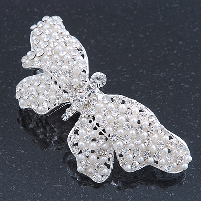 Bridal Wedding Prom Silver Tone Simulated Pearl Diamante 'Butterfly' Barrette Hair Clip Grip - 75mm Across - main view
