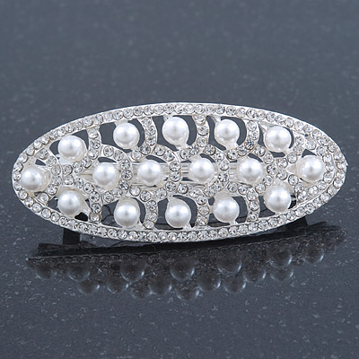 Bridal Wedding Prom Silver Tone Simulated Pearl Diamante 'Buckle' Barrette Hair Clip Grip - 65mm Across