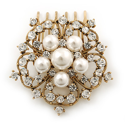 Bridal/ Wedding/ Prom/ Party Antique Gold Tone Austrian Clear Crystal, Glass Pearl 'Open Flower' Hair Comb - 55mm - main view