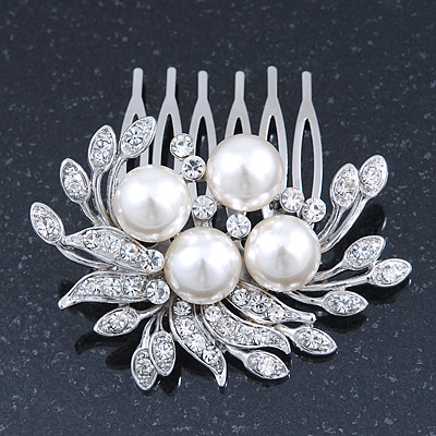 Bridal/ Wedding/ Prom/ Party Rhodium Plated Clear Crystal, Simulated Pearl Cluster Hair Comb - 60mm - main view