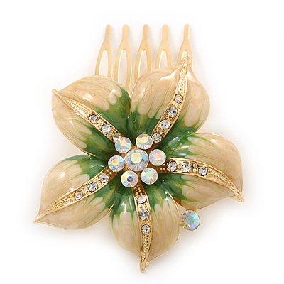 Gold Plated Pale Yellow/ Green Enamel AB Crystal 'Flower' Hair Comb - 55mm - main view