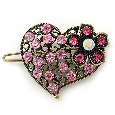 Vintage Inspired Pink Crystal 'Heart' Hair Slide In Antique Gold Metal - 35mm Across - main view