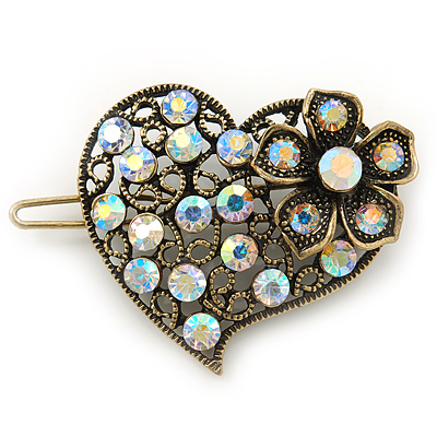 Vintage Inspired AB Crystal 'Heart' Hair Slide In Antique Gold Metal - 35mm Across - main view