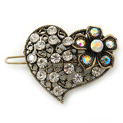 Vintage Inspired Clear and AB Crystal 'Heart' Hair Slide In Antique Gold Metal - 35mm Across - main view