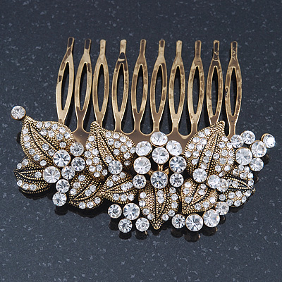 Vintage Inspired Bridal/ Wedding/ Prom/ Party Austrian Clear Crystal 'Leaves & Flowers' Hair Comb In Antique Gold Metal - 80mm - main view