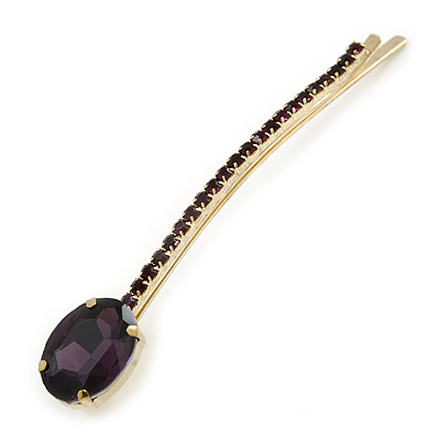 1Pcs Long Purple Oval Glass Stone Hair Grip/ Slide In Gold Plating - 85mm Across