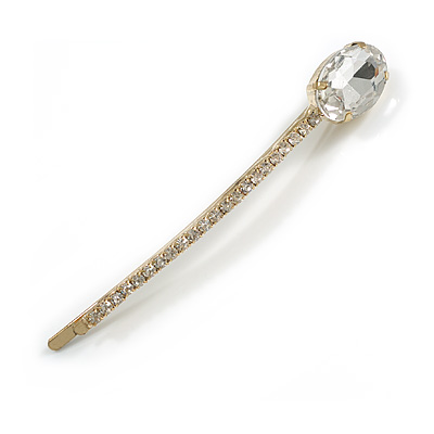 1Pcs Long Clear Oval Glass Stone Hair Grip/ Slide In Gold Plating - 85mm Across - main view