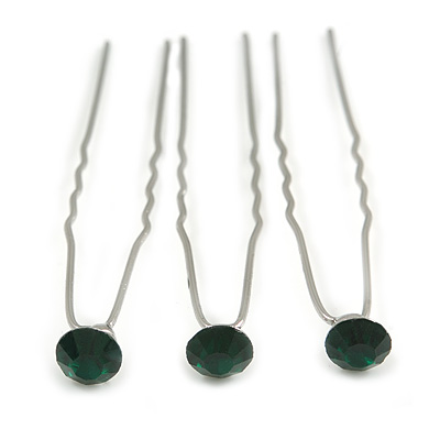 3pcs Bridal/ Wedding/ Prom/ Party Emerald Green Crystal Hair Pin Set In Silver Tone - 70mm L