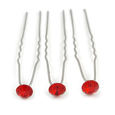 3pcs Bridal/ Wedding/ Prom/ Party Red Crystal Hair Pins In Silver Tone - 70mm L