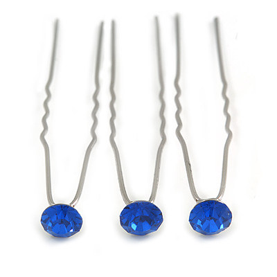 3pcs Bridal/ Wedding/ Prom/ Party Sapphire Blue Crystal Hair Pins In Silver Tone - 70mm L - main view
