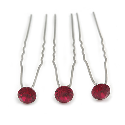 3pcs Bridal/ Wedding/ Prom/ Party Fuchsia Crystal Hair Pins In Silver Tone - 70mm L - main view