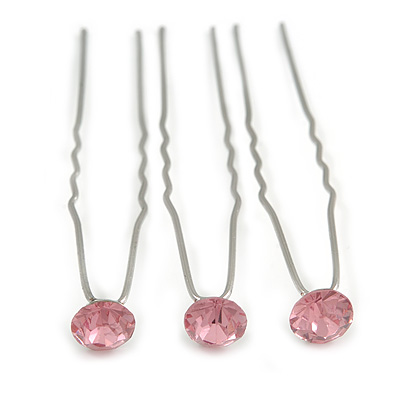 3pcs Bridal/ Wedding/ Prom/ Party Pink Crystal Hair Pins In Silver Tone - 70mm L - main view