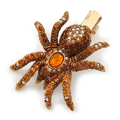 Amber/ Topaz Coloured Austrian Crystal Spider Hair Beak Clip/ Concord Clip In Antiique Gold Plating - 55mm L - main view
