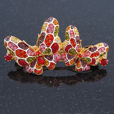Multicoloured Austrian Crystal Butterfly Barrette Hair Clip Grip In Gold Plating - 60mm Across - main view