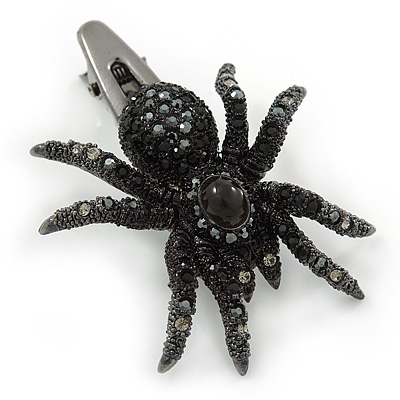 Black Austrian Crystal Spider Hair Beak Clip/ Concord Clip In Gun Metal Finish - 55mm L