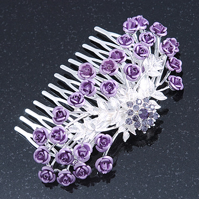 Purple Crystal 'Rose' Side Hair Comb In Silver Tone - 95mm W - main view