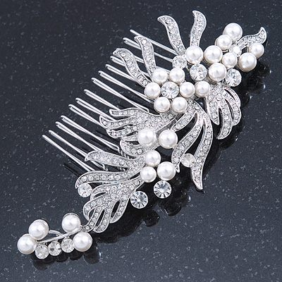 Bridal/ Wedding/ Prom/ Party Rhodium Plated Clear Austrian Crystal, Faux Pearl Floral Side Hair Comb - 105mm - main view