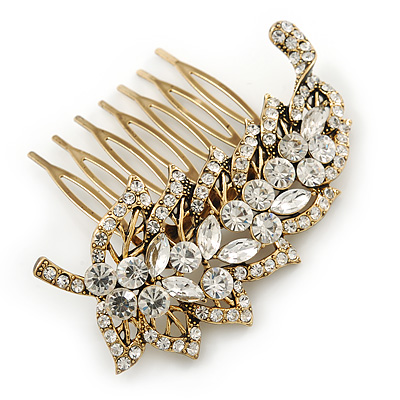 Vintage Inspired Clear Austrian Crystal 'Leaf' Side Hair Comb In Gold Tone - 70mm - main view