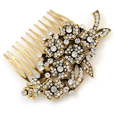 Vintage Inspired Clear Austrian Crystal 'Flowers' Side Hair Comb In Antique Gold Tone - 95mm - main view