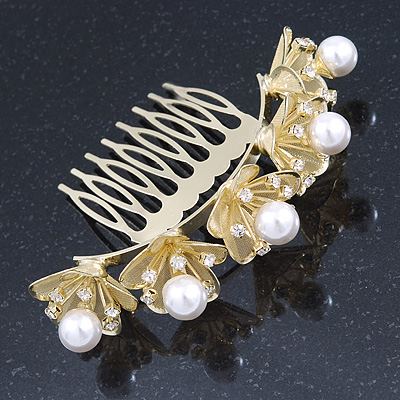 Bridal/ Wedding/ Prom/ Party Gold Plated Clear Austrian Crystal, Glass Pearl Lily Hair Comb - 100mm - main view