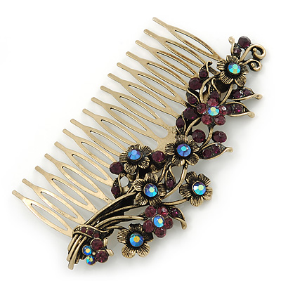 Vintage Inspired Deep Purple/ AB Swarovski Crystal 'Flowers' Side Hair Comb In Antique Gold Tone - 105mm
