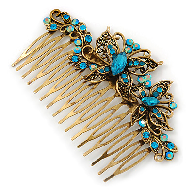 Vintage Inspired Teal Blue Swarovski Crystal 'Butterfly' Side Hair Comb In Antique Gold Tone - 105mm