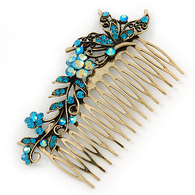 Vintage Inspired Teal Blue Swarovski Crystal 'Flower & Butterfly' Side Hair Comb In Antique Gold Tone - 115mm - main view