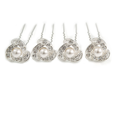 Bridal/ Wedding/ Prom/ Party Set Of 4 Rhodium Plated Crystal Simulated Pearl Flower Hair Pins