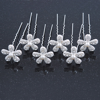 Bridal/ Wedding/ Prom/ Party Set Of 6 Rhodium Plated Crystal Daisy Flower Hair Pins - main view