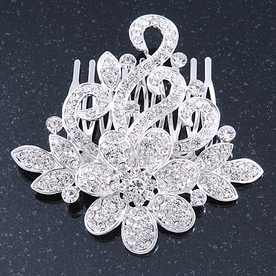 Bridal/ Wedding/ Prom/ Party Rhodium Plated Clear Austrian Crystal Floral Side Hair Comb - 8cm Width - main view