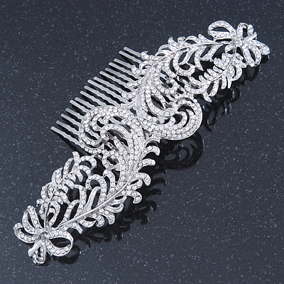 Statement Bridal/ Wedding/ Prom/ Party Rhodium Plated Clear Austrian Crystal Double Feather Side Hair Comb - 16cm W - main view