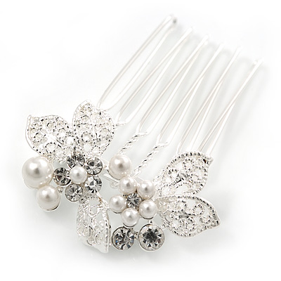 Bridal/ Wedding/ Prom/ Party Rhodium Plated White Simulated Pearl, Clear Crystal Mini Hair Comb - 35mm W - main view