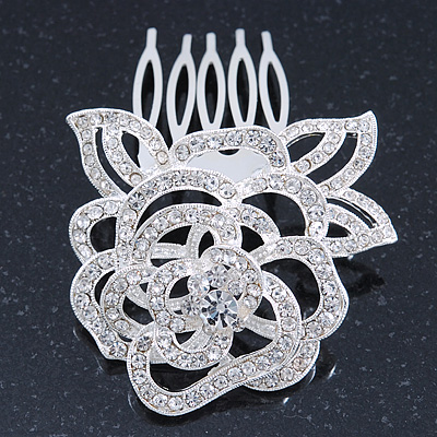 Bridal/ Wedding/ Prom/ Party Rhodium Plated Clear Austrian Crystal Sculptured Rose Hair Comb - 55mm - main view